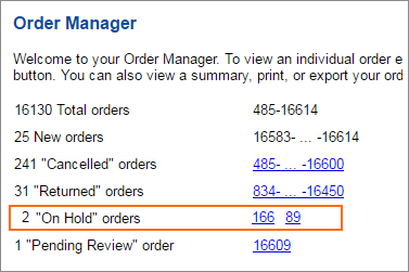 Picture of Orders On Hold links