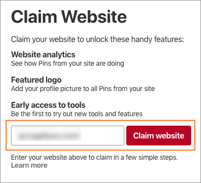 The domain name field and Claim website button.