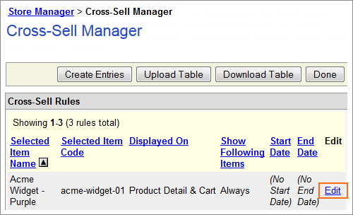The Cross Sell Item Edit link.
