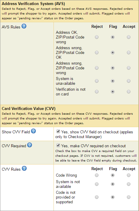 Select AVS and CVV Rules.