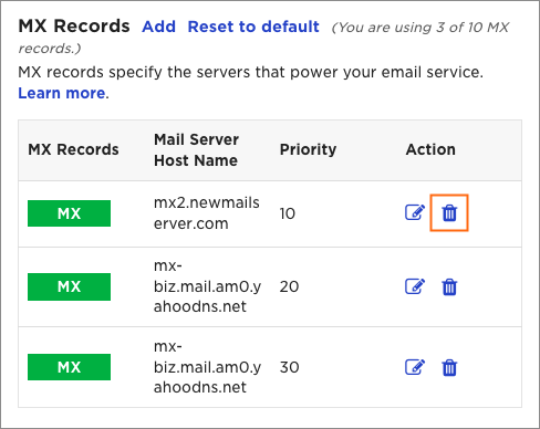 The trash can icon will delete your MX record.