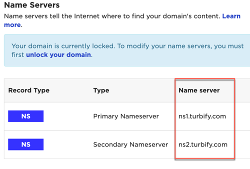 Turbify name servers as seen in the Domain Control Panel