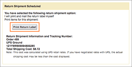 The Print Return Label button on the return shipment confirmation screen.