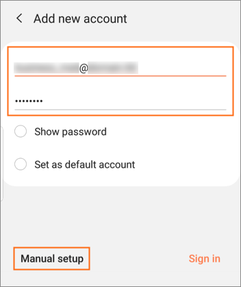 Enter business email address and password then select Manual setup.