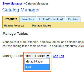 The Manage table&nbsp;pull-down menu