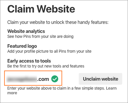 The Claim Website dialog.