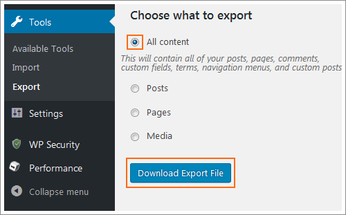 The WordPress Export Settings dialog.