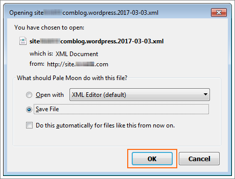 The WordPress Save Export dialog.