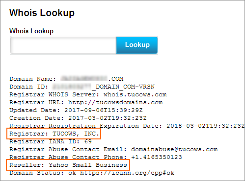 Example WHOIS lookup showing Tucows as the registrar