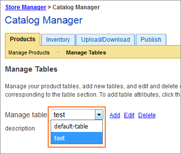 The Manage table&nbsp;pull-down menu