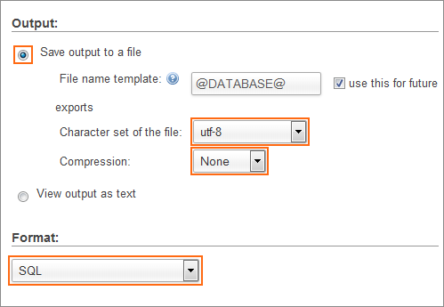 The DB Export output settings.