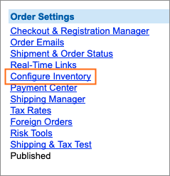 The Configure Inventory link is under Order Settings.