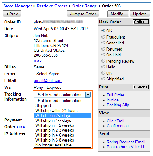 The Order Shipping Status menu.