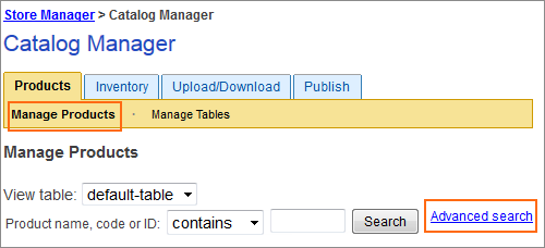 Picture of Catalog Manager Advanced Search link