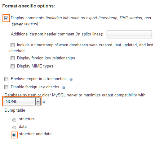 The DB Export Format Specific Options dialog.