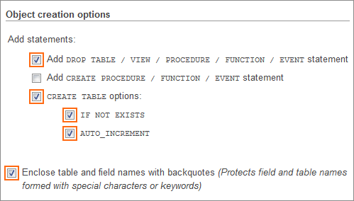 The DB Export Object Creation Options dialog.