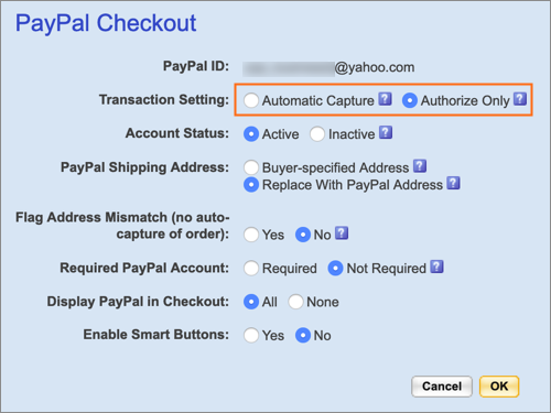 PayPal Checkout transaction settings.