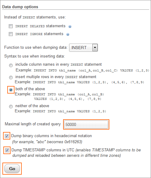 The DB Export Data Dump Options dialog.