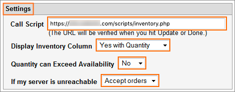 The Settings section for Real-time Inventory.