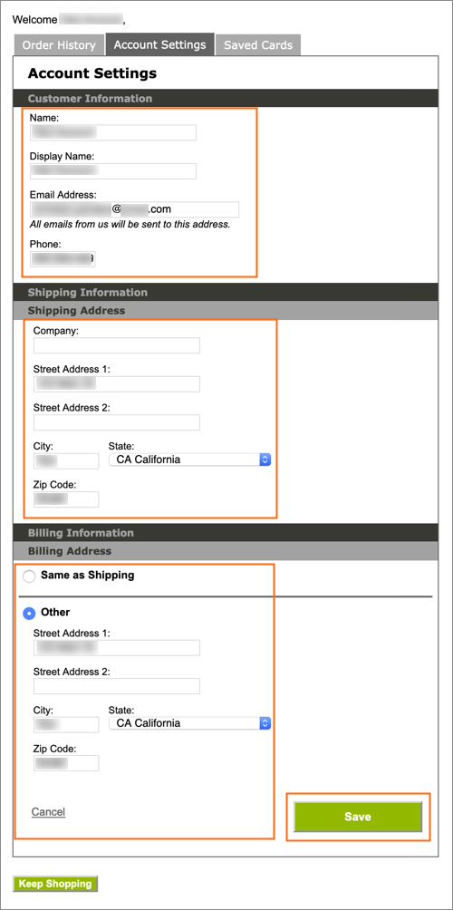 Editable fields and the Save button.