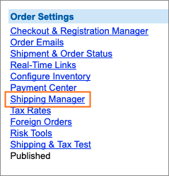 The Shipping Manager link is under Order Settings.