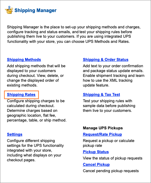 The Shipping Rates link in Shipping Manager.