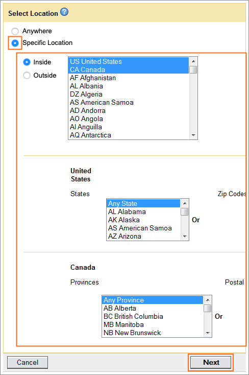 Selecting the Specific Location radio button and location options.