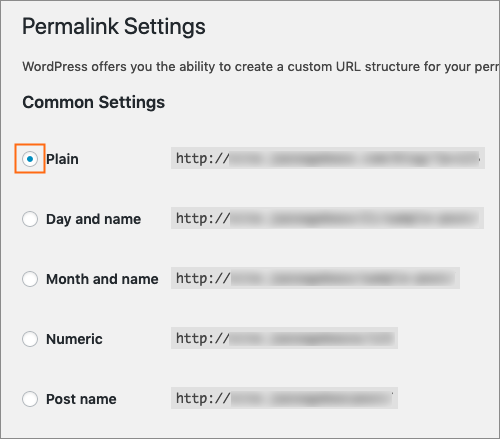 Selecting the Plain permalinks setting.