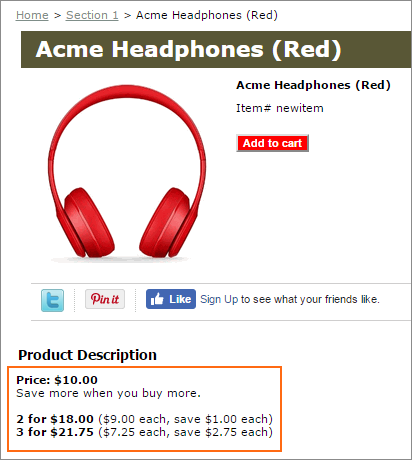 Example store product (item) page with the Price field not displayed. Note the price has been added to the Caption field.