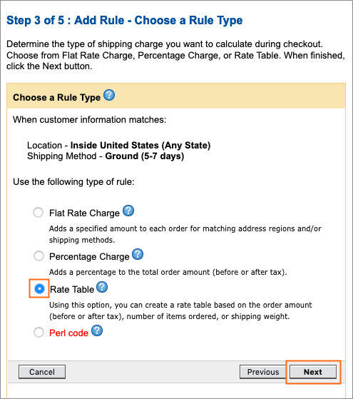 Selecting Rate Table.