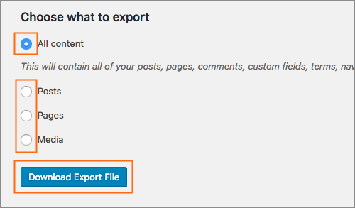 Select which content to export.