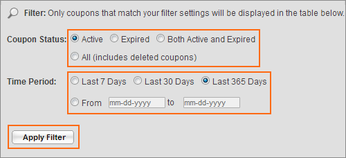 Applying coupon status and time period filters.