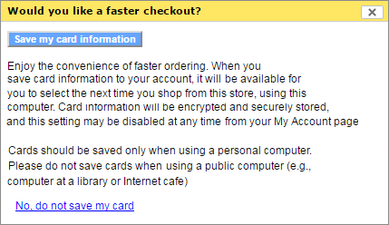 Information about the ability to save card information shown as a dismissible information box