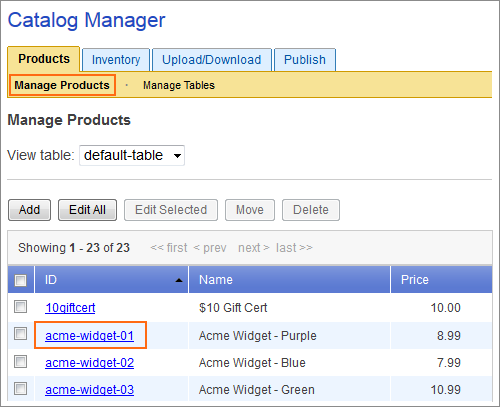 Picture of Catalog Manager Products tab