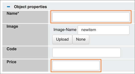 The Name and Price fields.