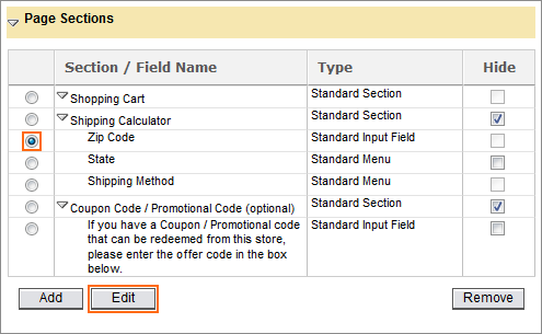 The Page Sections table.