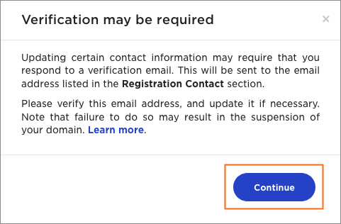 Pop-up window advising you to verify changes to your registration info.