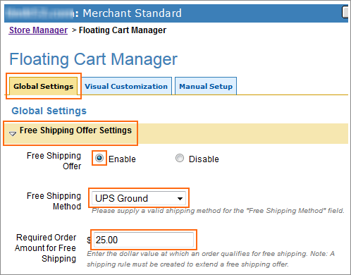 Picture of Floating Cart Manager Global Settings dialog