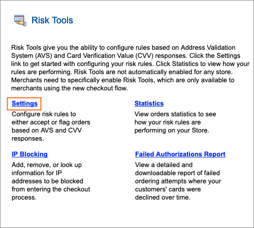 The Settings link in Risk Tools.