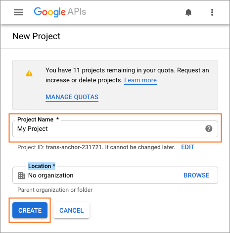 Enter a Project Name and click Create.