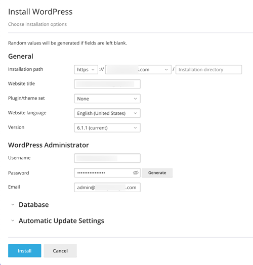 WordPress Toolkit installation options