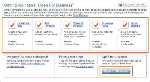 All tasks are complete and the Open for Business button will display.