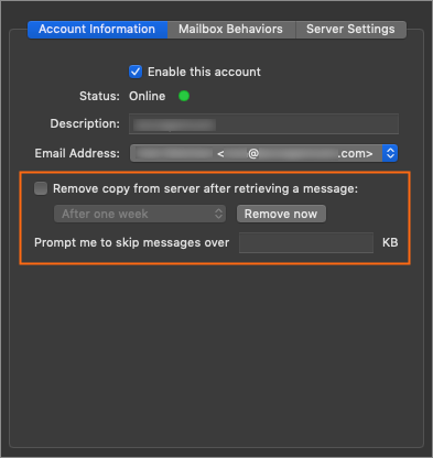 Mac Mail Account Information dialog.