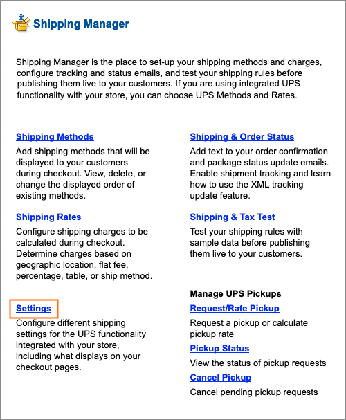 The Settings link in Shipping Manager.