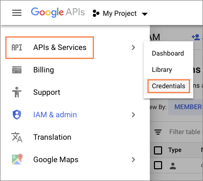 The APIs & Services and Credentials options.