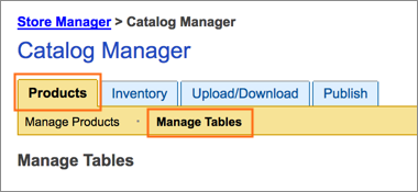 The Products tab and Manage Tables link.