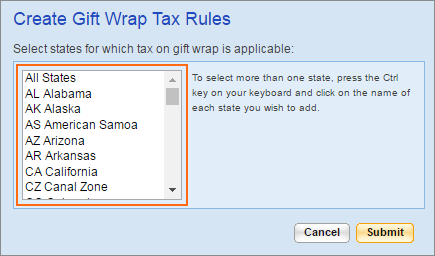 Select states for which gift wrap tax should be applied or select All States.