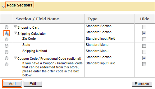 The Page Sections table.