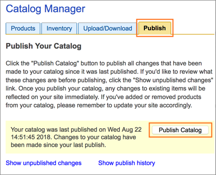 Picture of Catalog Manager Publish Catalog dialog.