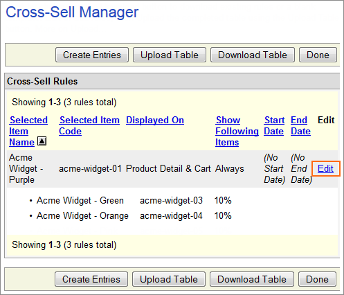 The Cross Sell Manager Edit Item link